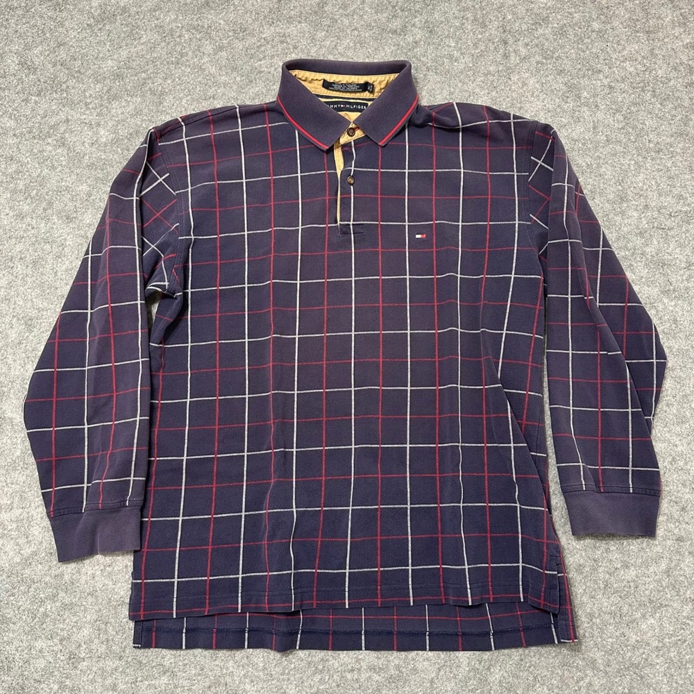 Tommy Hilfiger Rugby Shirt Mens XL Navy Blue Vintage Plaid Long Sleeve Polo